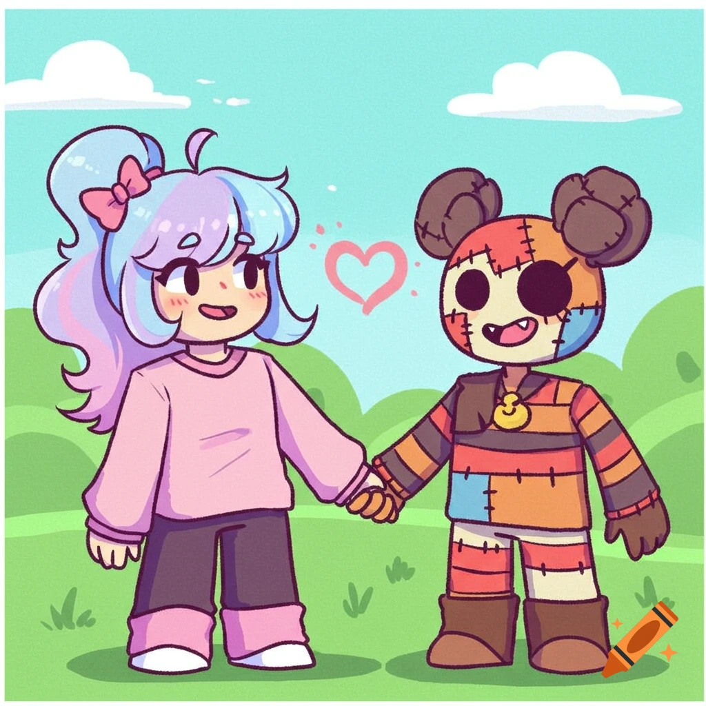 A cute cartoon illustration of a girl with pastel hair and a patched teddy bear-like character holding hands in a park, with a heart between them.