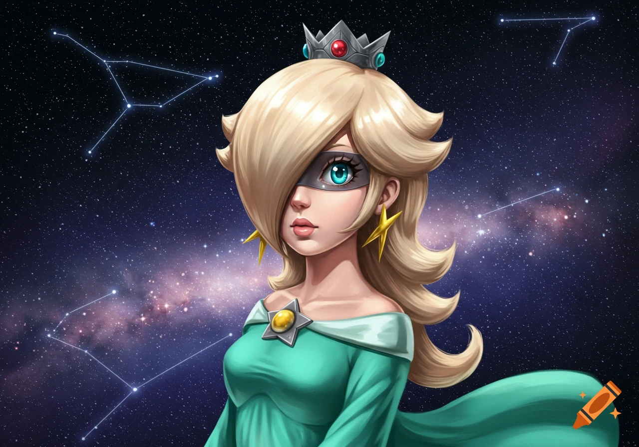 An anime-style portrait of Rosalina from Mario, wearing a crown and a turquoise dress, against a starry night sky with constellations.
