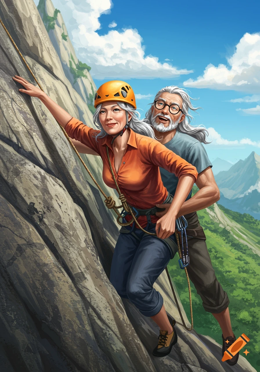An illustrated image of an older man and woman joyfully rock climbing a mountain face under a blue sky.