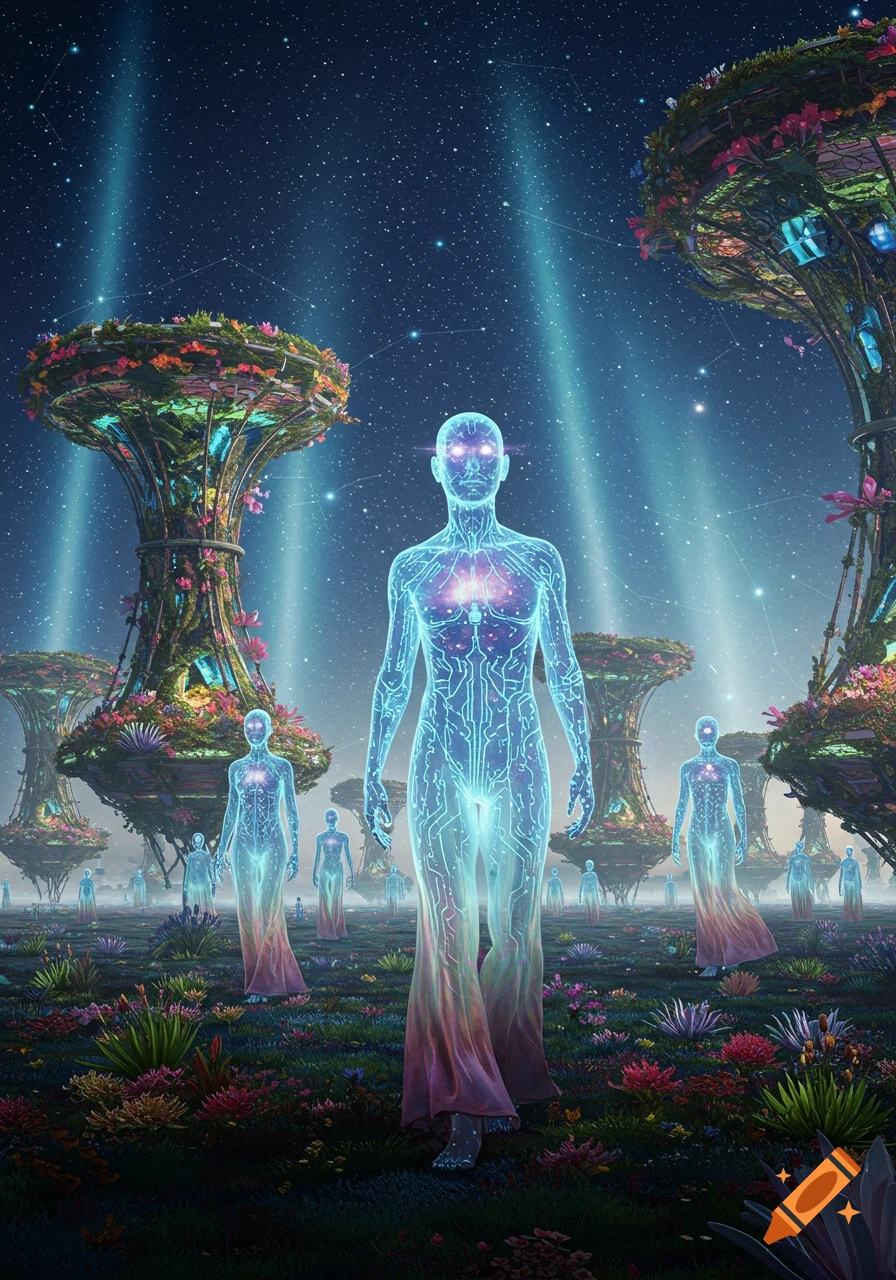 Glowing, translucent humanoids with internal circuits stand in a field of colorful plants, beneath bioluminescent mushroom-like trees and a starry night sky.