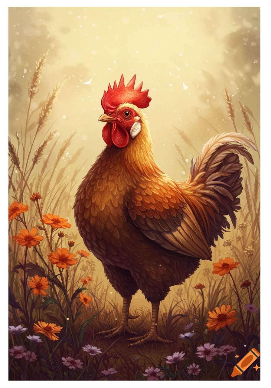 A colorful rooster stands proudly in a sunlit field amidst orange and purple flowers and golden wheat.