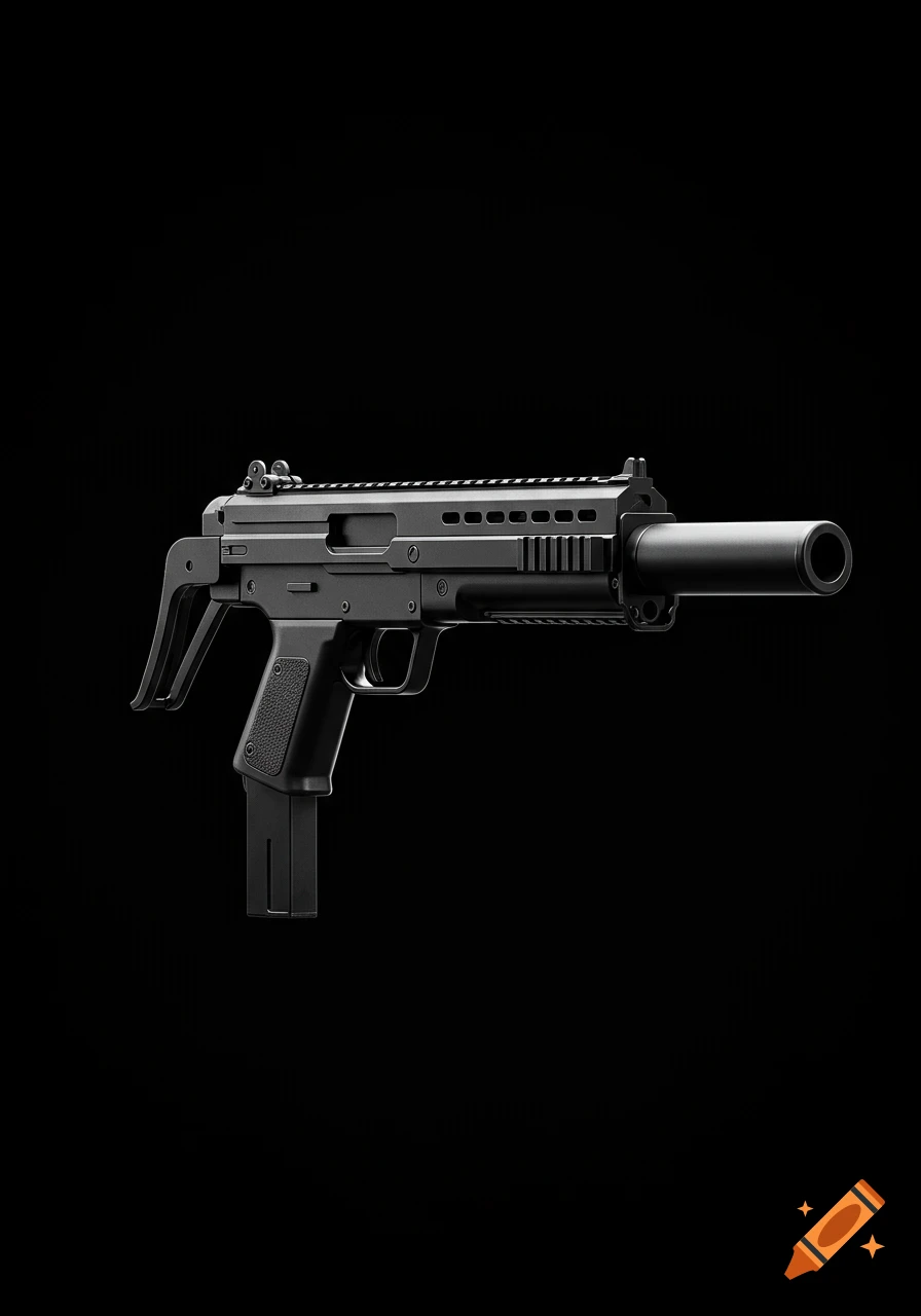 A sleek, jet black submachine gun with a suppressor, centered on a dark black background in a photorealistic style.