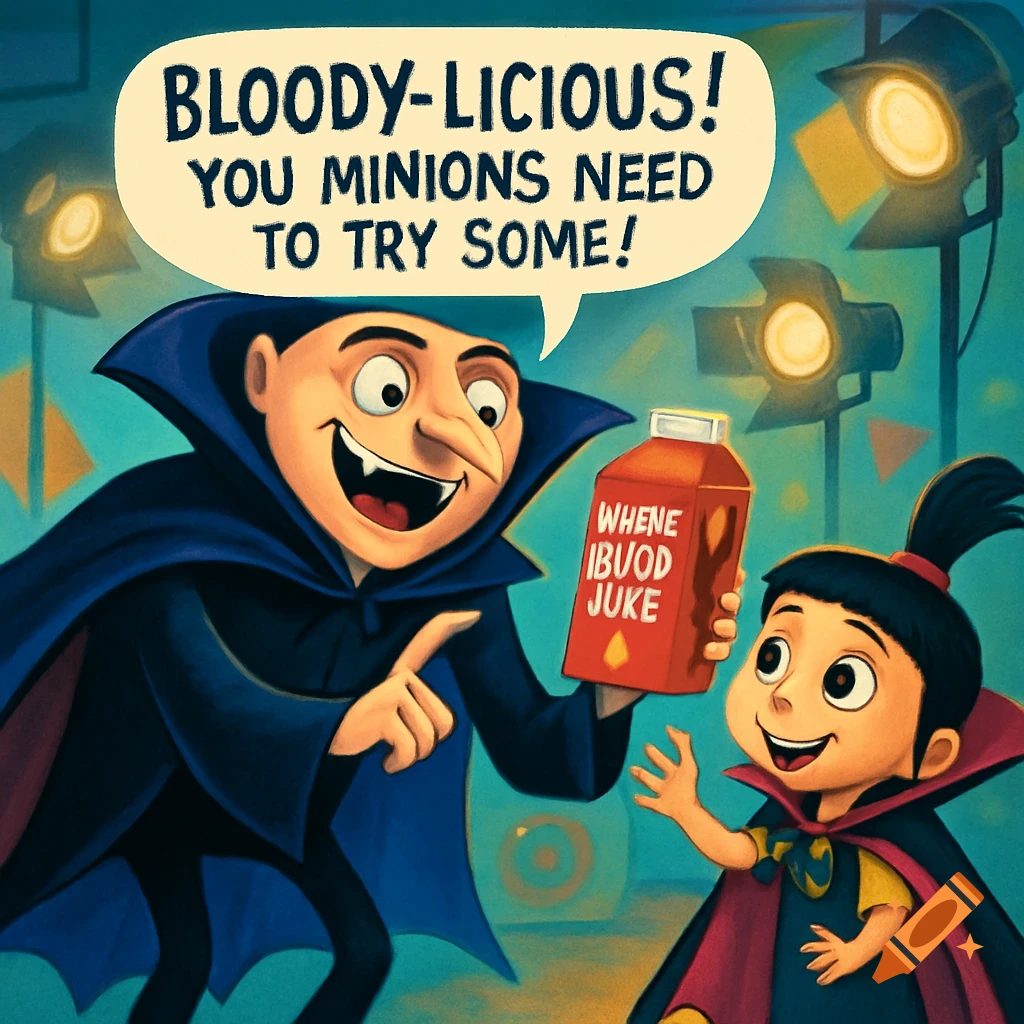 Cartoon Gru as a vampire points to a juice carton, speaking from a bubble. Agnes, also a vampire, reaches for the juice.