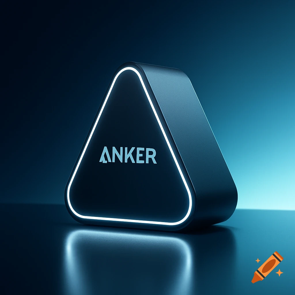 A sleek black triangular device with glowing white edges and the word ANKER on its face, set against a dark blue background.