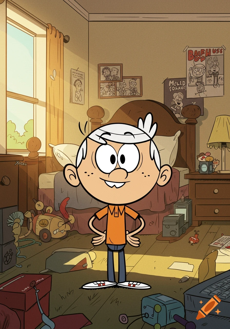 Lincoln Loud, an animated boy with white hair and an orange polo shirt, stands smiling in his messy bedroom with posters on the wall.