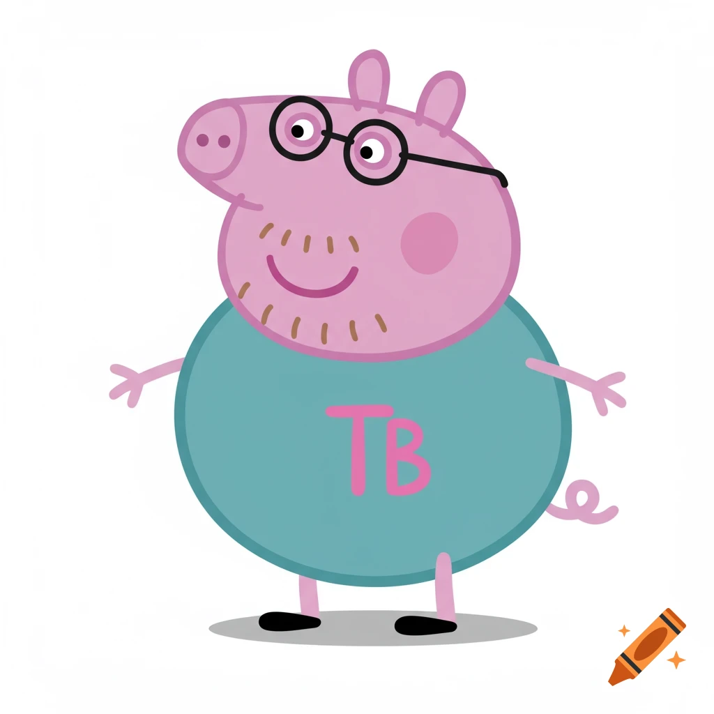 Cartoon illustration of Daddy Pig from Peppa Pig, wearing glasses and a blue shirt with 'TB' in pink letters, on a white background.
