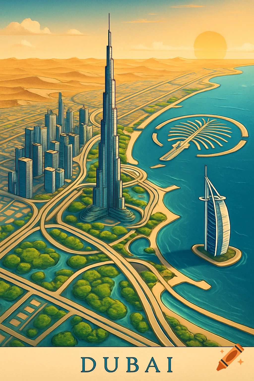 Stylized aerial view illustration of Dubai with the Burj Khalifa, Palm Jumeirah, and Burj Al Arab, set against a desert and coastline.