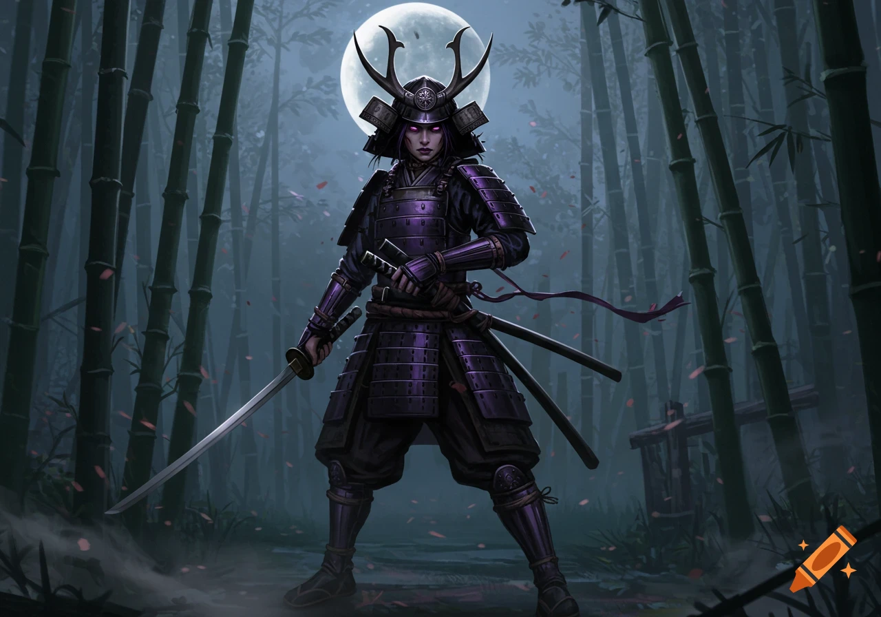 A female samurai in black and purple armor holds a katana in a moonlit bamboo forest, with pink petals scattered around.