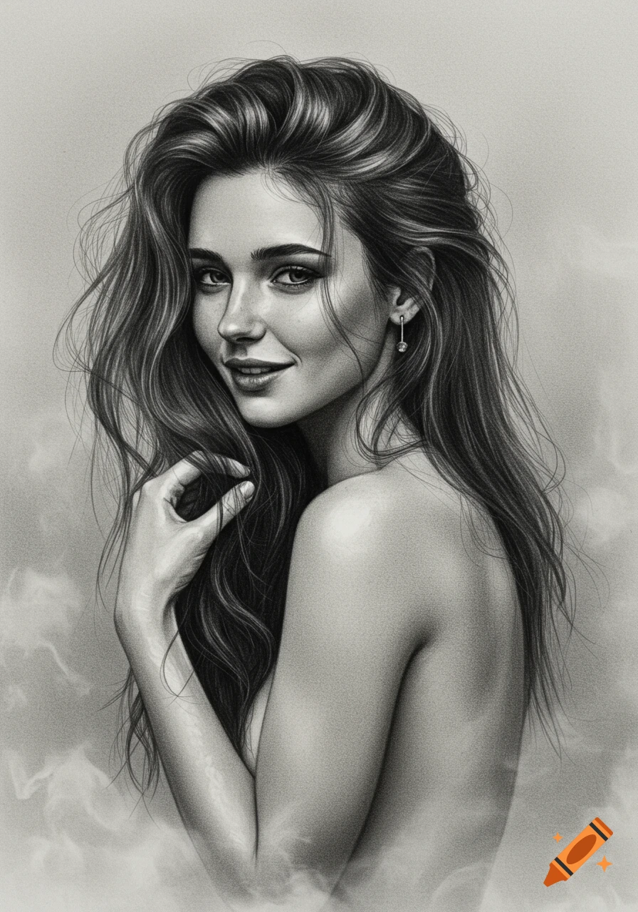 A realistic charcoal drawing of a beautiful woman with long, messy hair, an earring, and bare shoulders, smiling softly.