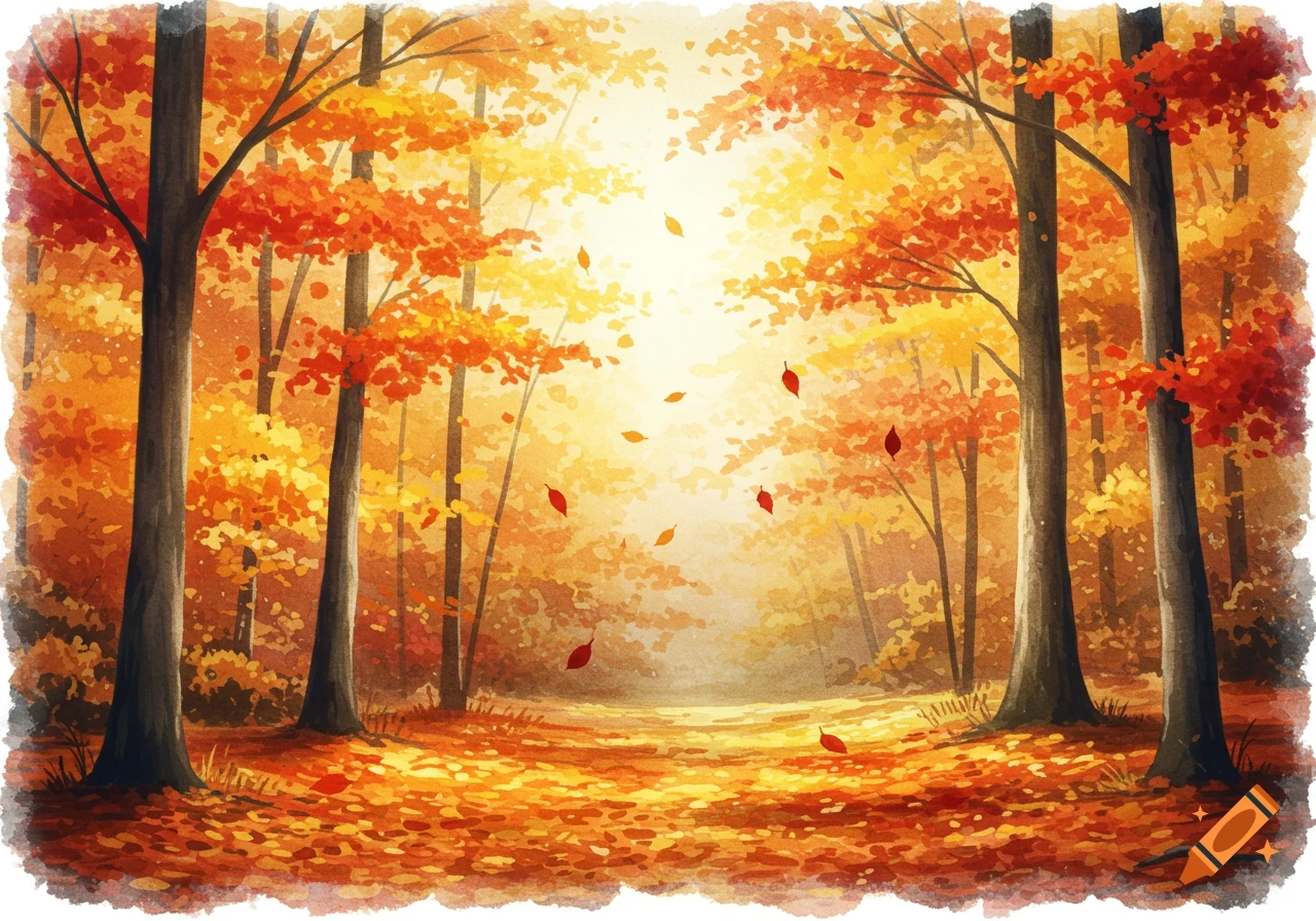 Watercolor painting of a vibrant autumn forest with bright orange and yellow leaves and scattered red leaves on the ground, bathed in warm sunlight.