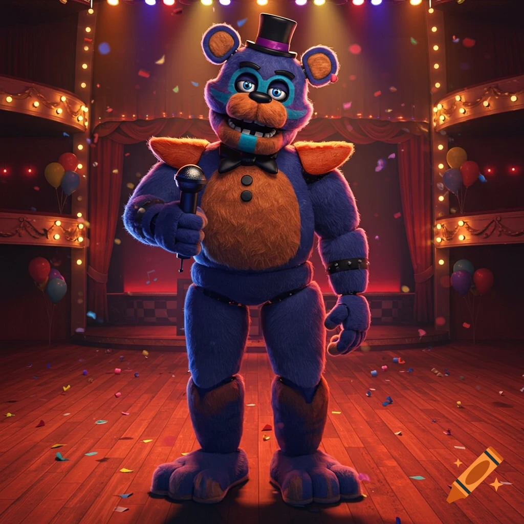 A blue and orange furry-style bear character, resembling Freddy Fazbear, stands on a confetti-strewn stage, holding a microphone.