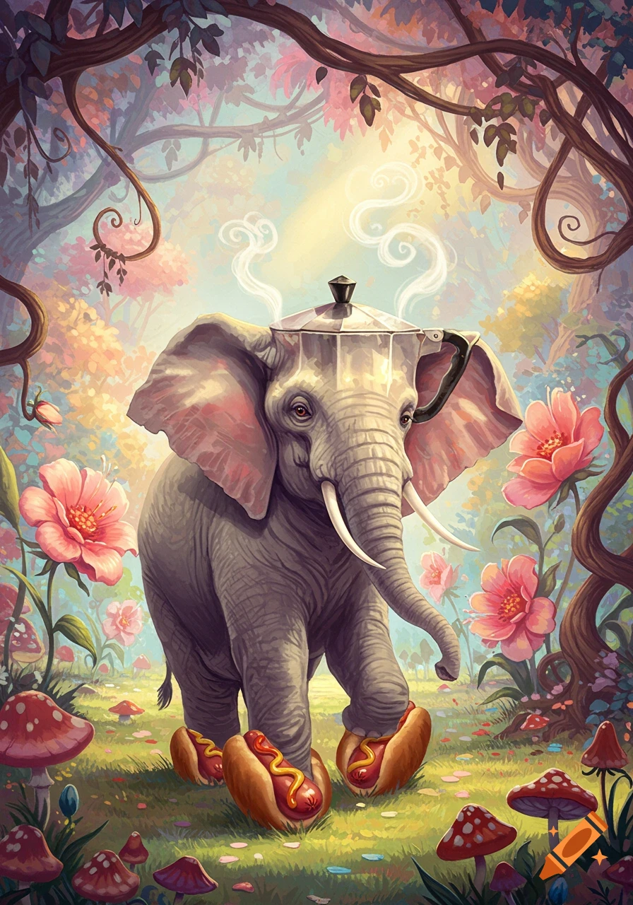 A whimsical elephant with hotdog feet and a steaming coffee pot hat stands in a magical forest with pink flowers and mushrooms.