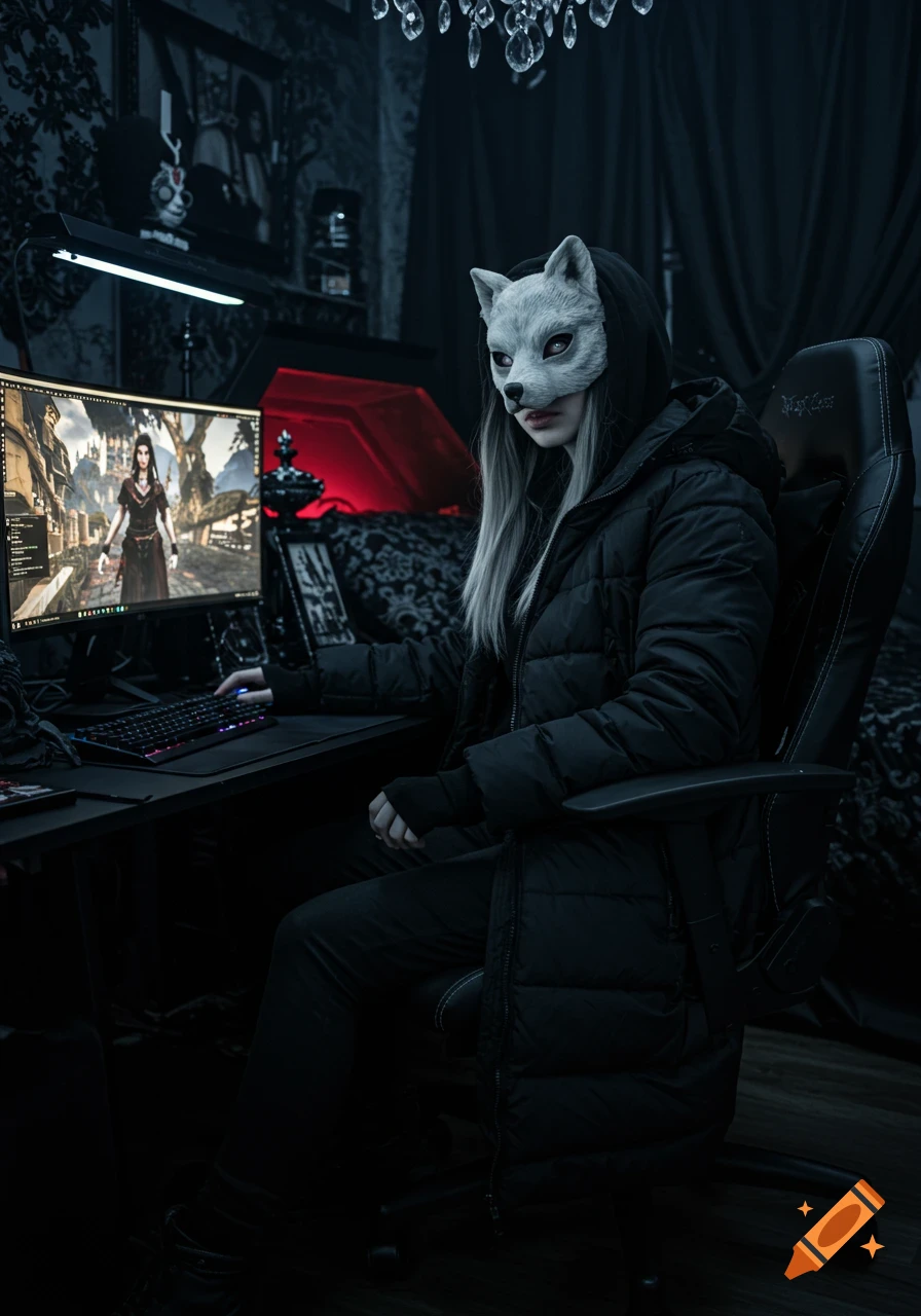 A person in a wolf mask and black puffer coat sits at a dark gothic gaming setup, playing a fantasy RPG.