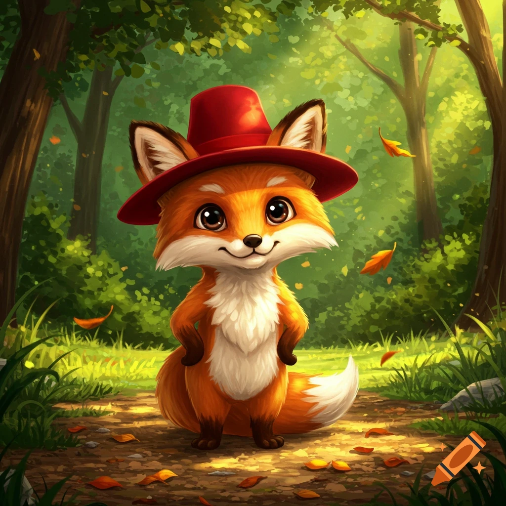 A cute orange fox with a red hat stands on a forest path with autumn leaves, in a vibrant cartoon style.