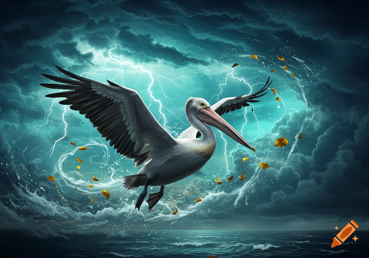 A white pelican flies over a turbulent teal sea, surrounded by dark storm clouds, lightning, and a whirlwind.
