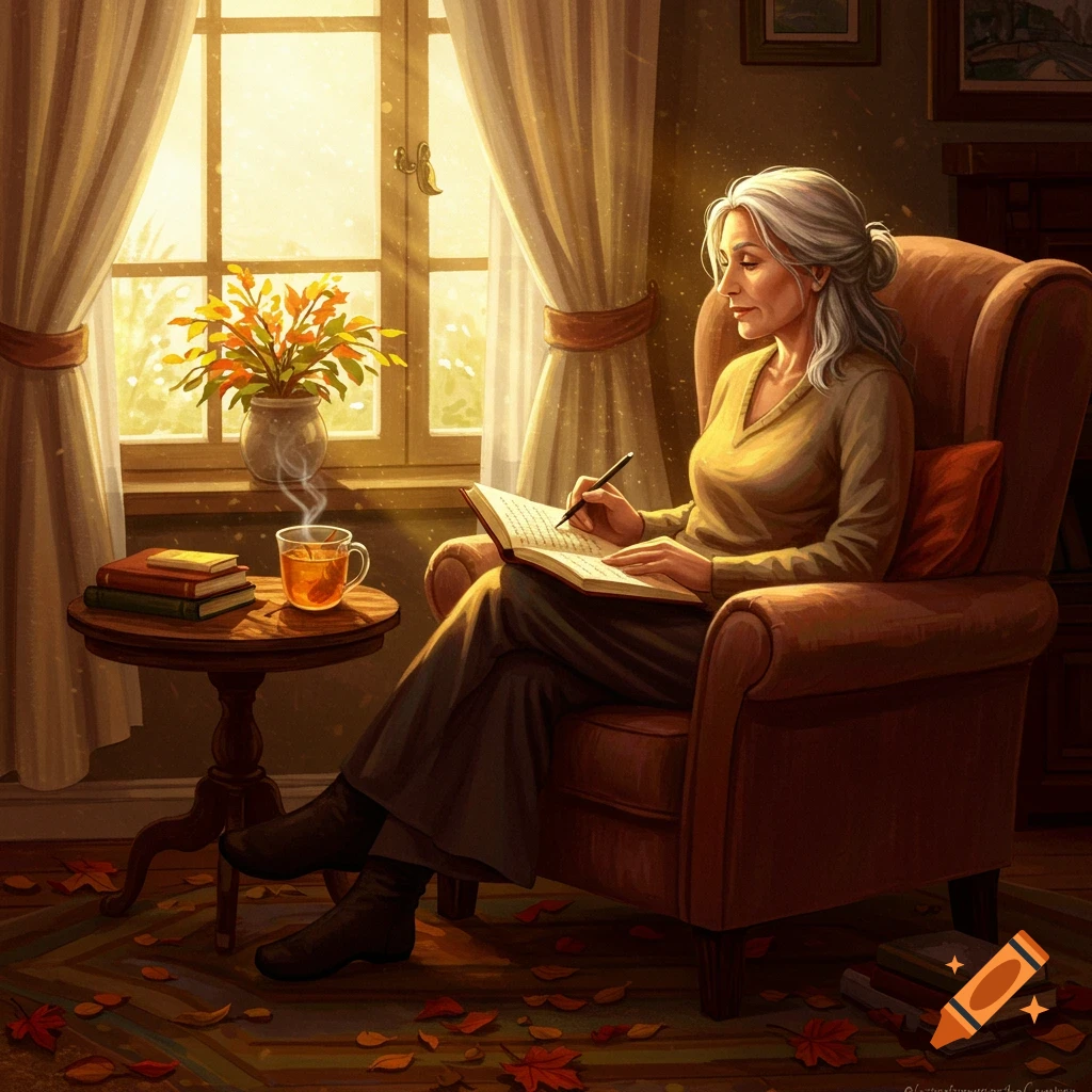 A middle-aged woman with gray hair journals in a cozy armchair by a sunlit window with autumn leaves on the floor. Painterly style.