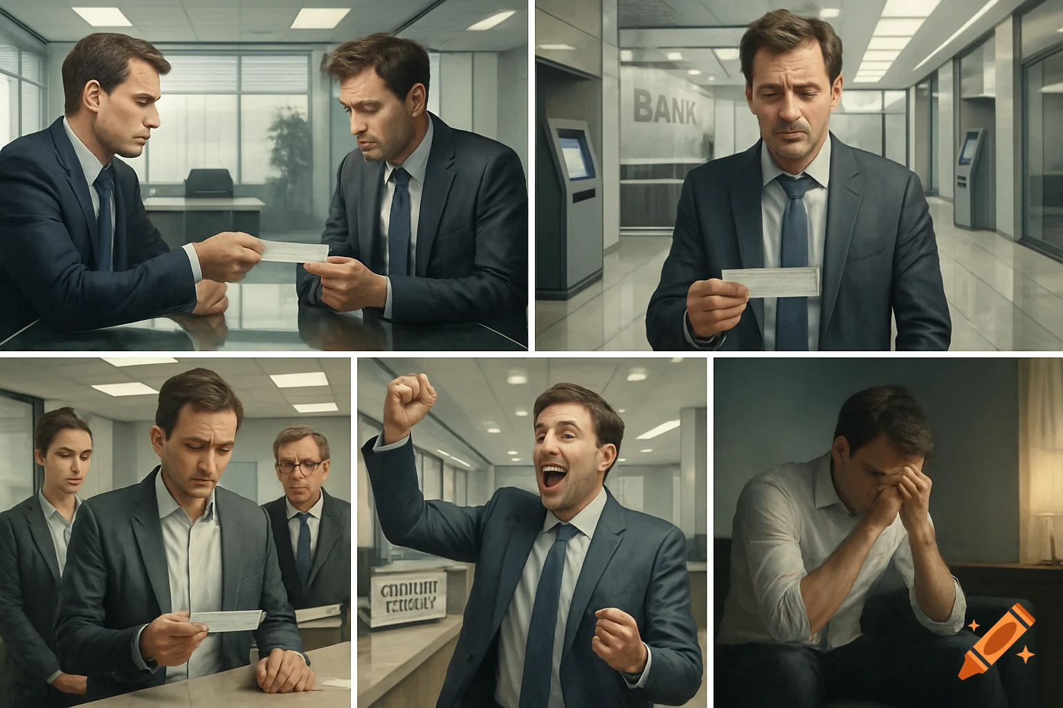 A multi-panel image showing a man's financial story. Panels depict a check exchange, a man worried at a bank, then sad, then celebrating, and finally, the check issuer crying in distress.