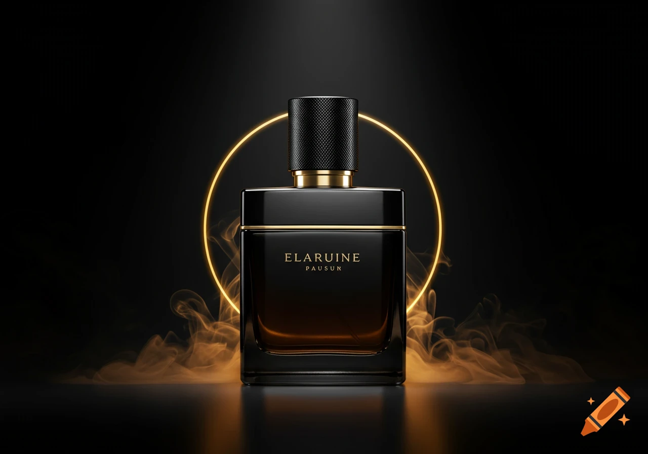 A photorealistic black and gold luxury perfume bottle with a golden glow and smoke on a dark background.