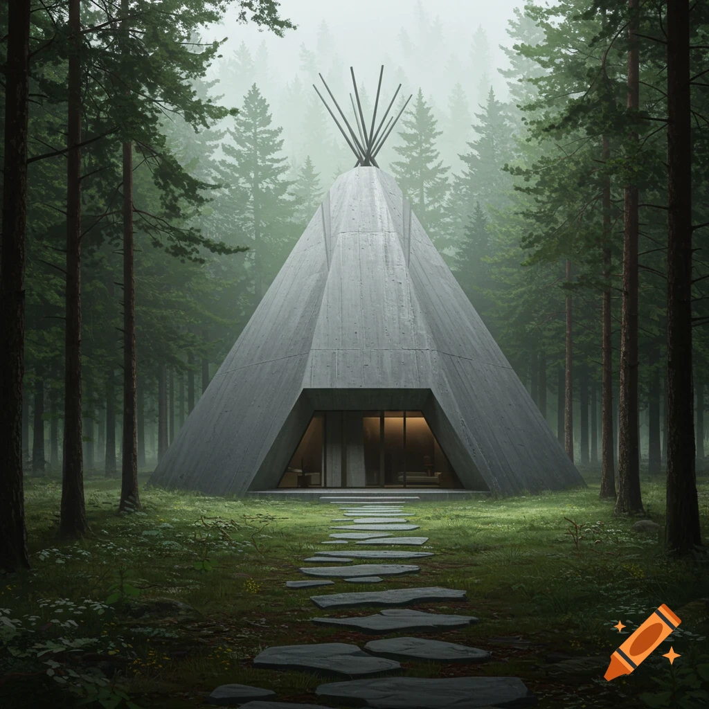 A brutalist concrete modern tepee-shaped building stands in a misty evergreen forest with a stone path leading to its entrance.