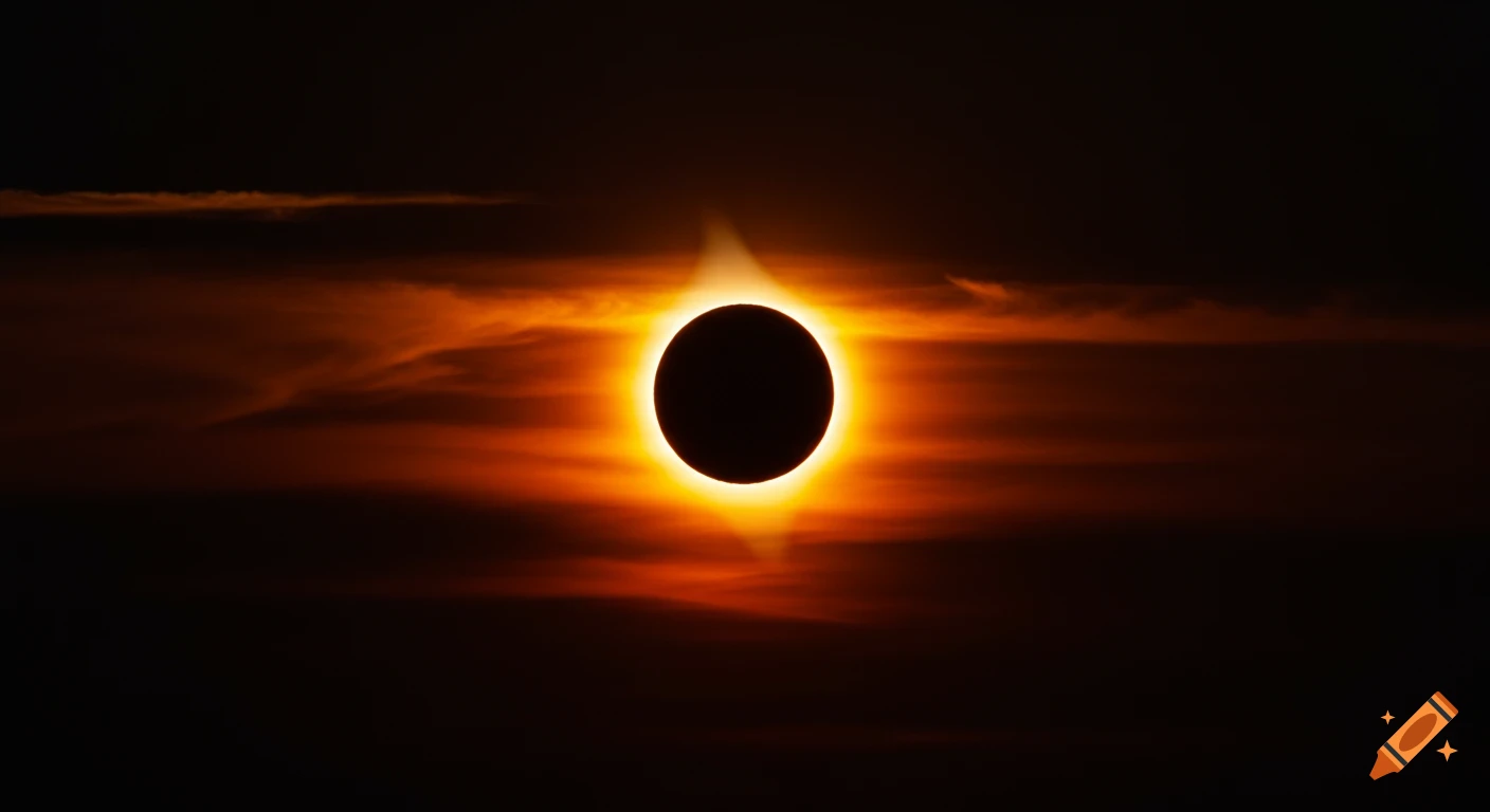 A black circle covers the sun during a solar eclipse, showing a bright orange and yellow corona against a dark, cloudy sky.