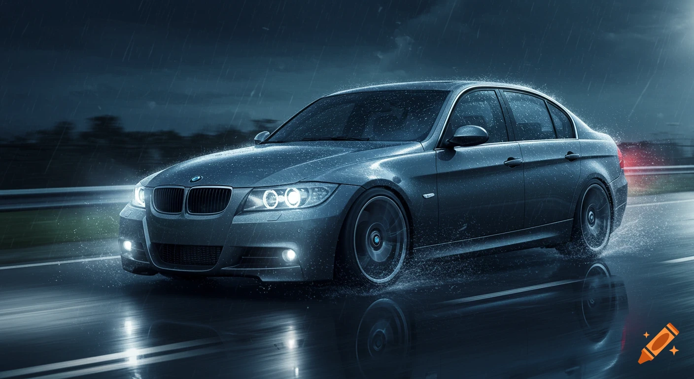 Photorealistic grey BMW sedan driving on a wet highway in the rain at night, illuminated by headlights.