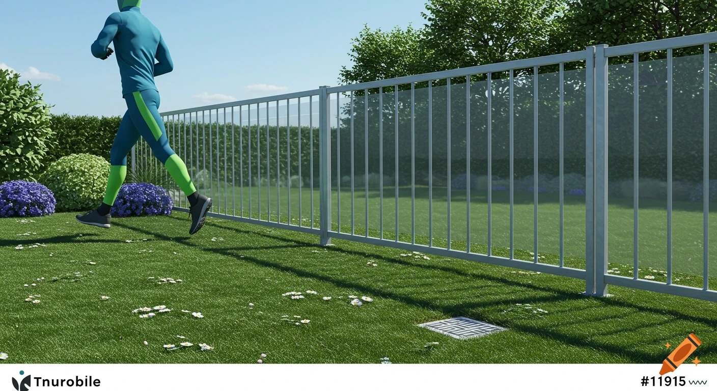 A person in blue and green athletic wear runs across a lush green lawn with a modern silver fence in the background.