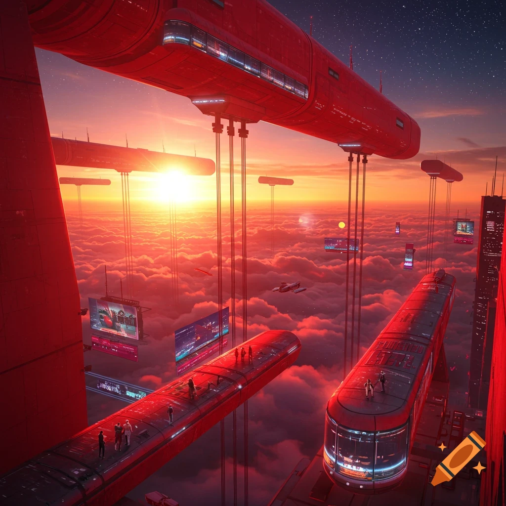 A vibrant red futuristic cityscape with massive cylindrical structures hovering above orange clouds at sunset, featuring distant skyscrapers and flying vehicles.