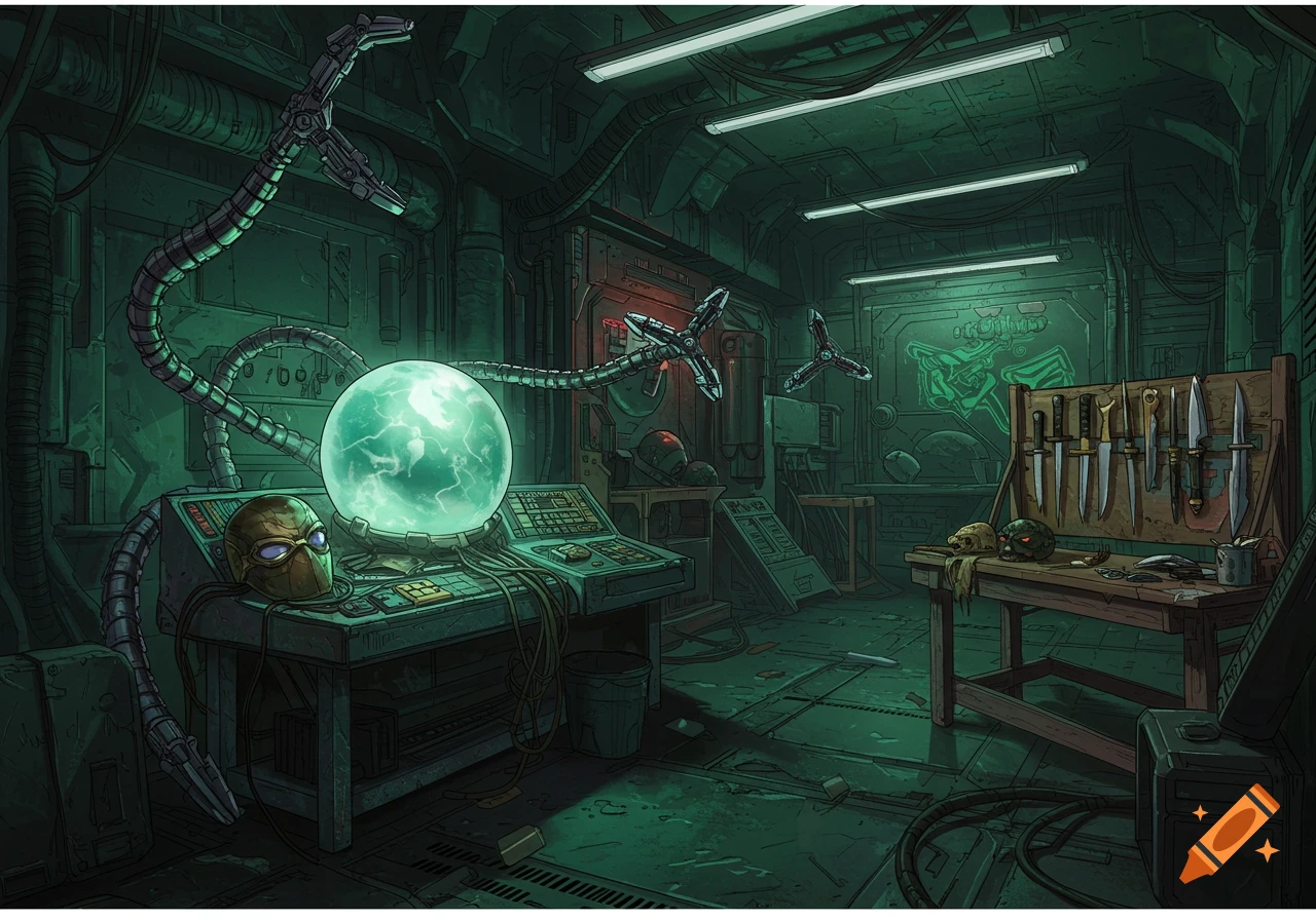 A dark, green-lit comic book style supervillain lair with glowing orb, robotic tentacles, helmet, skulls, and a rack of knives.