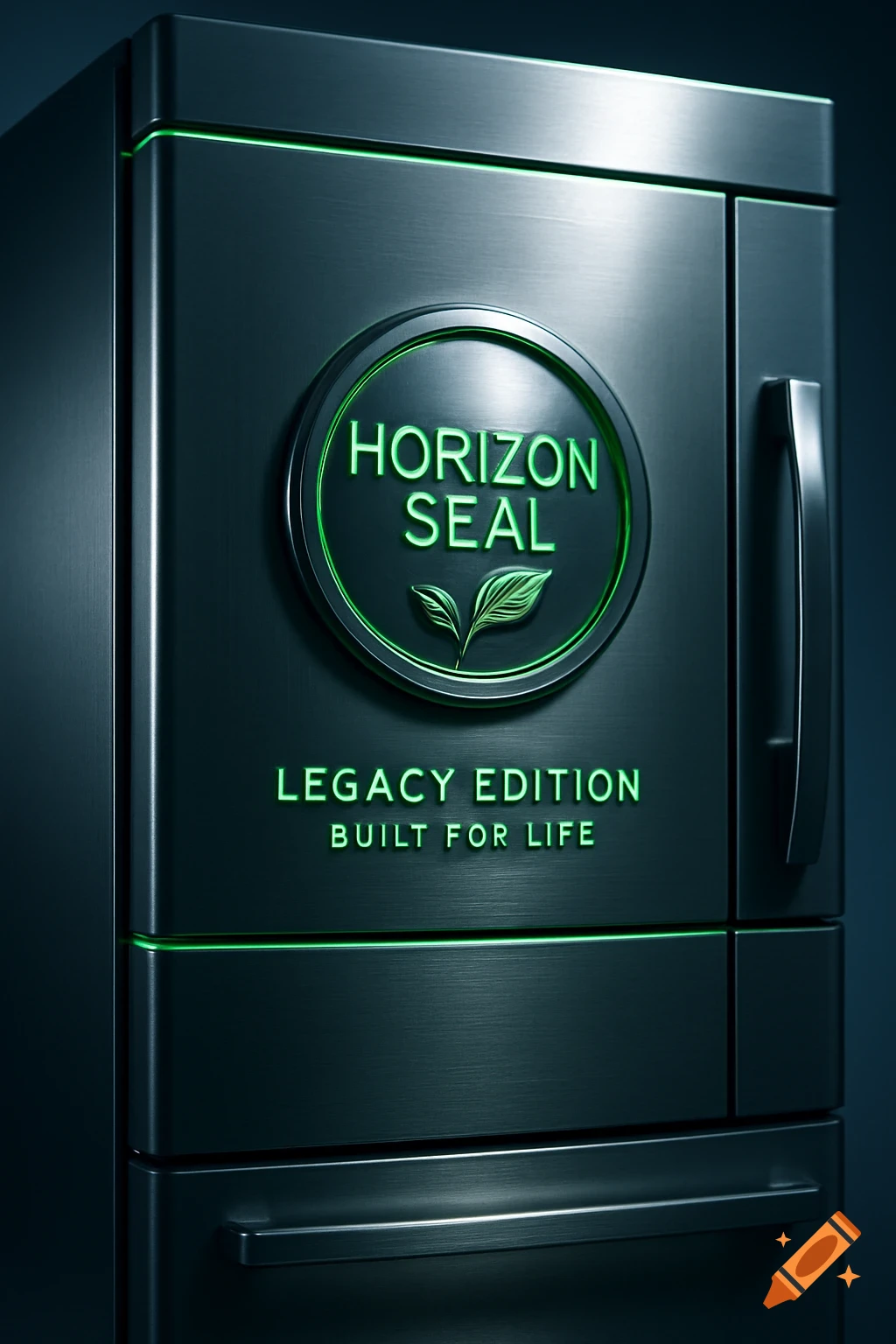 A sleek, photorealistic stainless steel fridge with green glowing trim, featuring 'Horizon Seal' on a circular badge and 'Legacy Edition: Built for Life' below.