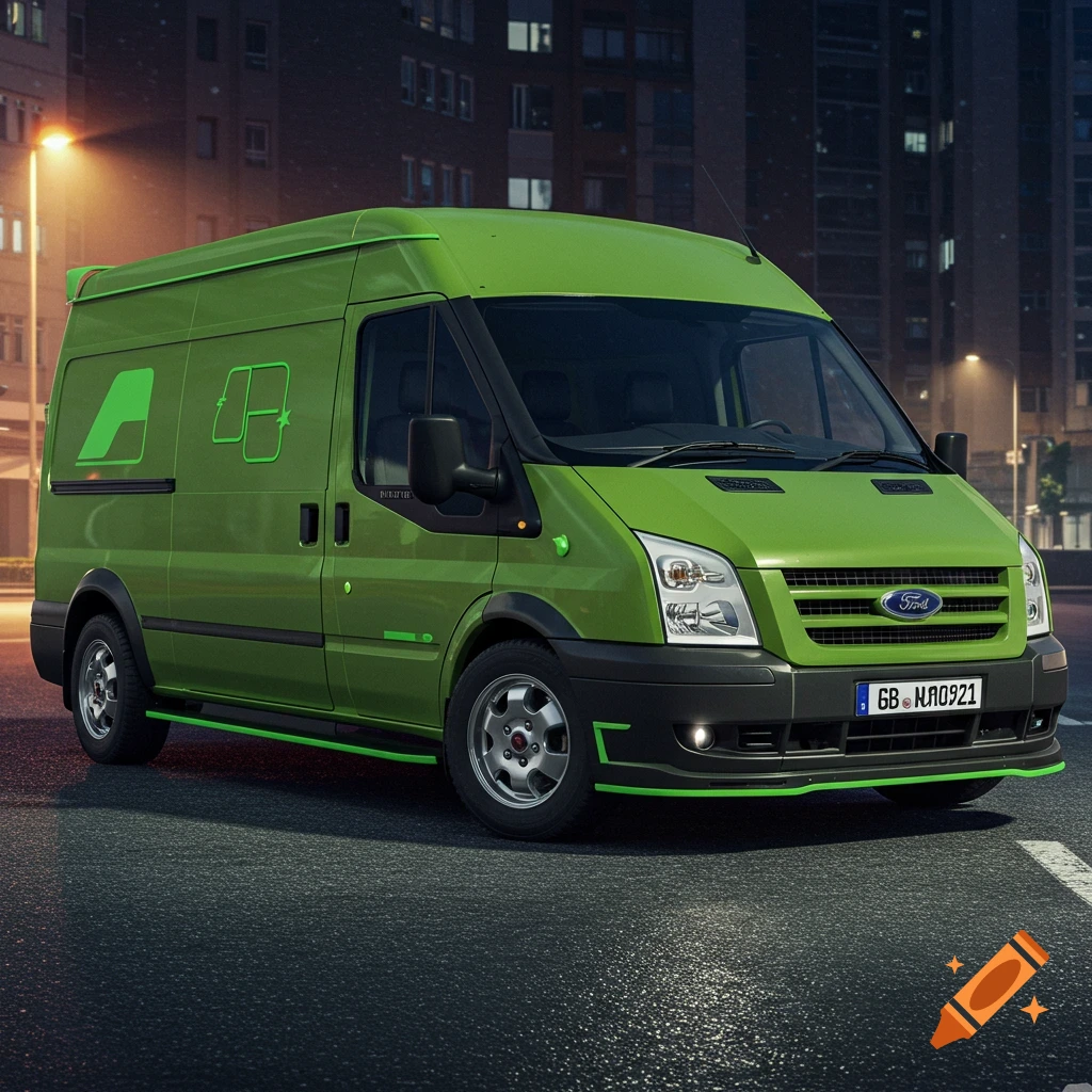 A bright green Ford Transit van is parked on an urban street at night, illuminated by a streetlight.