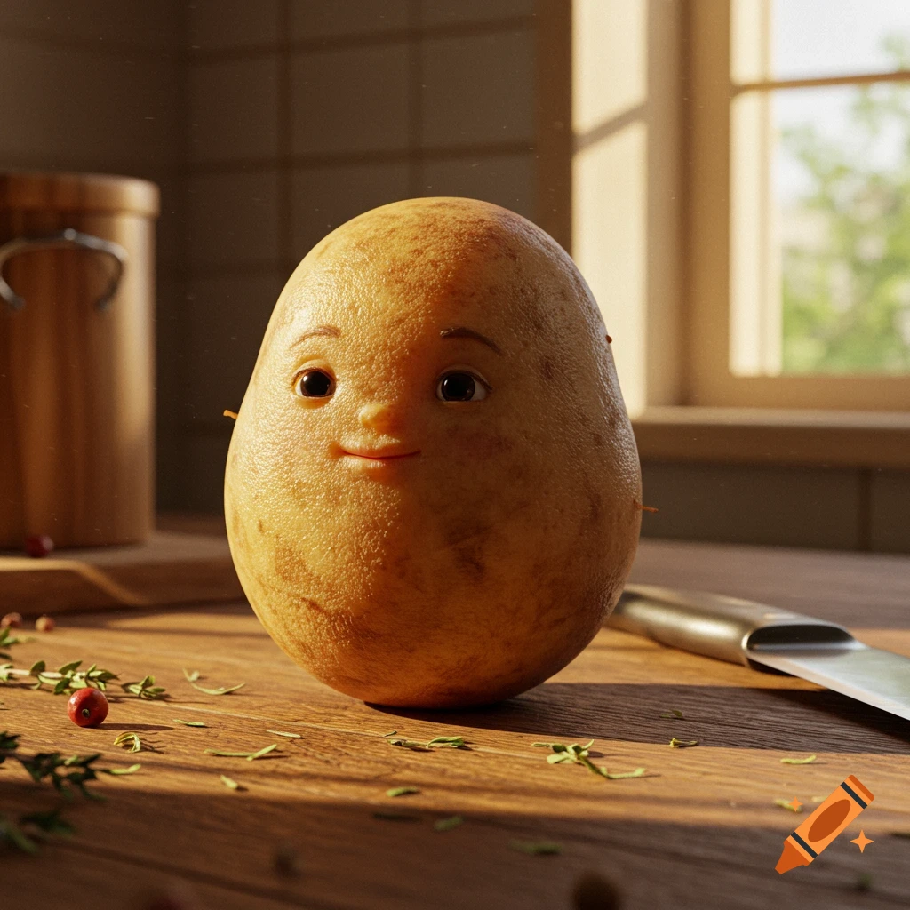 A photorealistic, cute potato with a friendly face sits on a wooden cutting board in a sunlit kitchen.