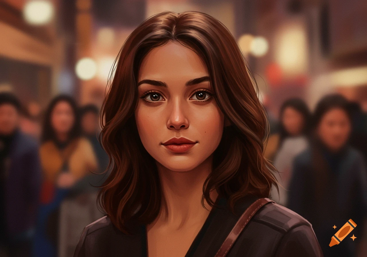 Digital painting of a young woman with brown hair and eyes, looking forward, with a blurred crowd in the background.