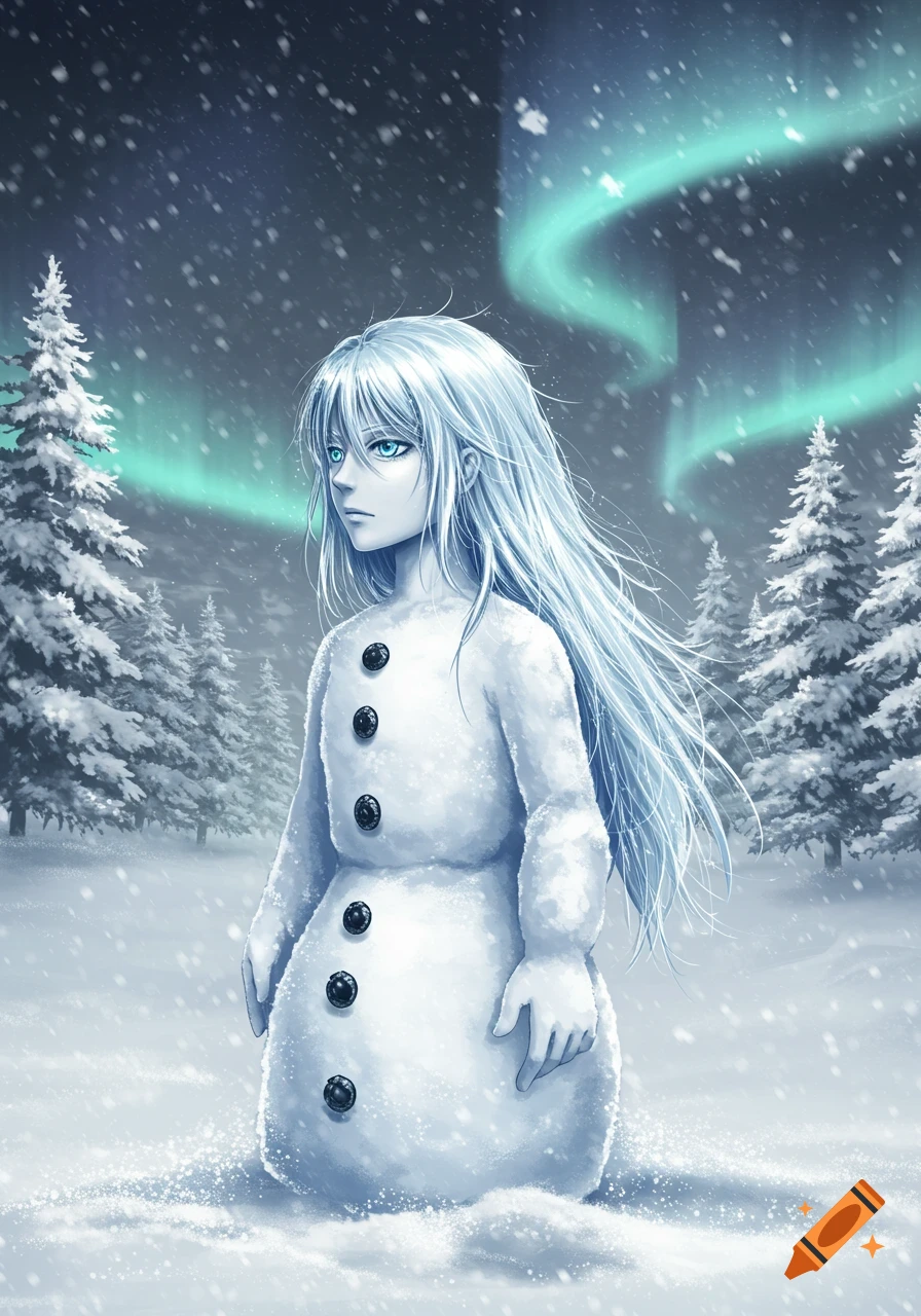 Anime snow girl with long white hair and blue eyes stands in a snowy forest under a green aurora borealis.