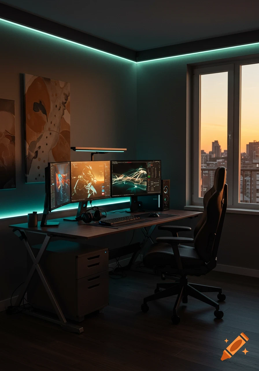 A three-monitor computer setup in a modern room with green LED lighting, a gaming chair, and a sunset cityscape view from a window.