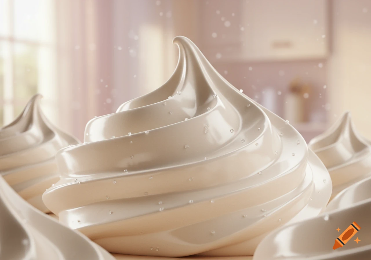 Close-up of photorealistic white meringue swirls sprinkled with sugar crystals, blurred background.