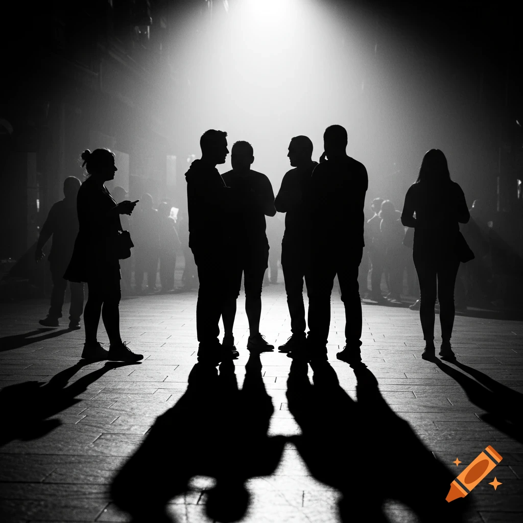 Silhouetted people gather on a dark street, dramatically lit from above, casting long shadows in black and white.