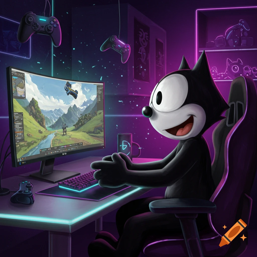 Felix the Cat happily plays video games at a neon-lit desk with a curved monitor and floating controllers.