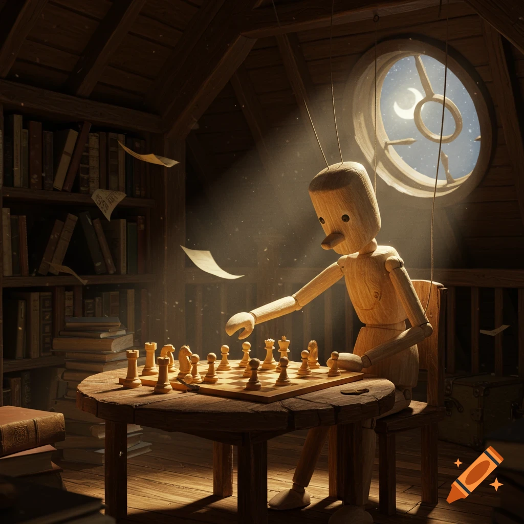 A wooden puppet plays chess at a rustic table in a dusty attic with bookshelves and a moonlit window.