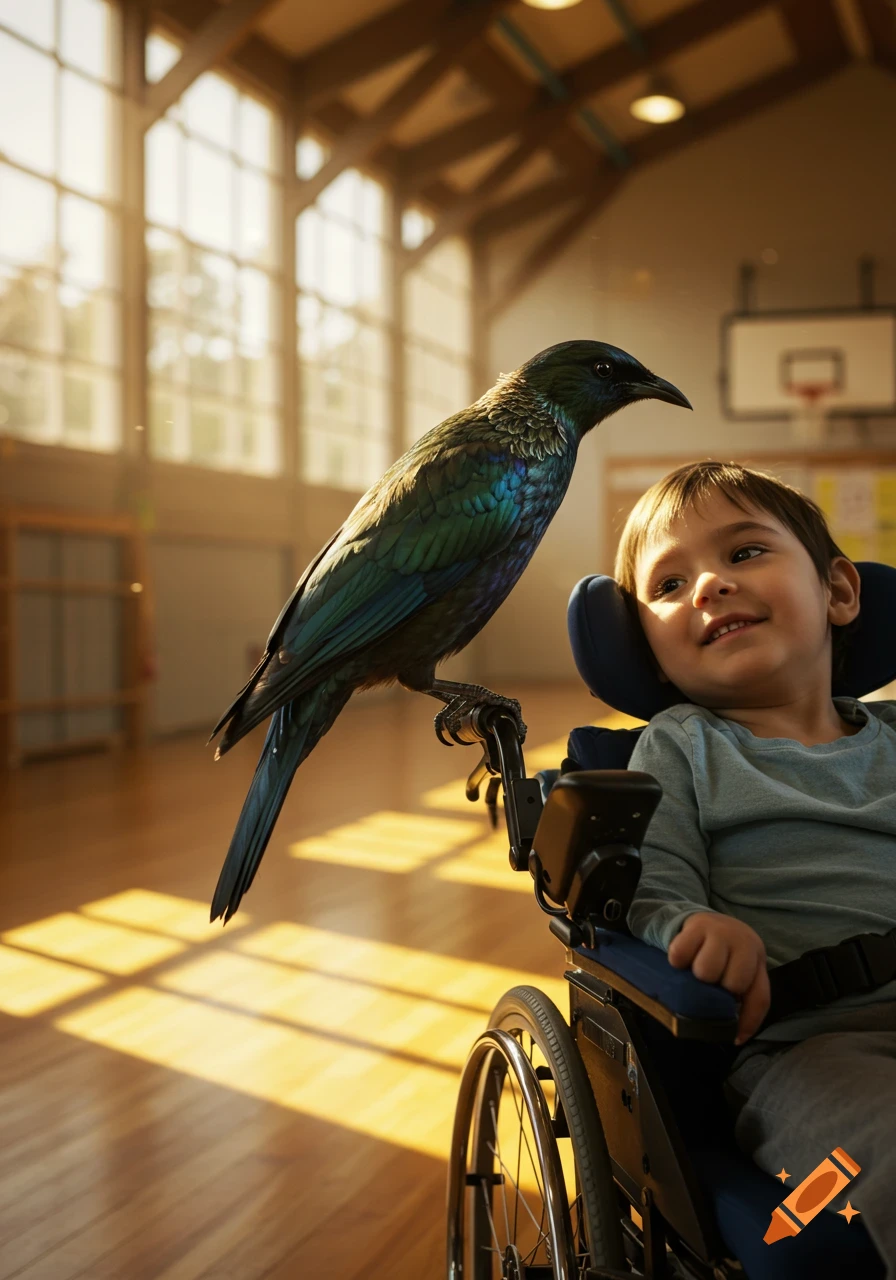 A photorealistic image of a New Zealand Tui perched on a wheelchair armrest next to a smiling child in a sunlit gym.