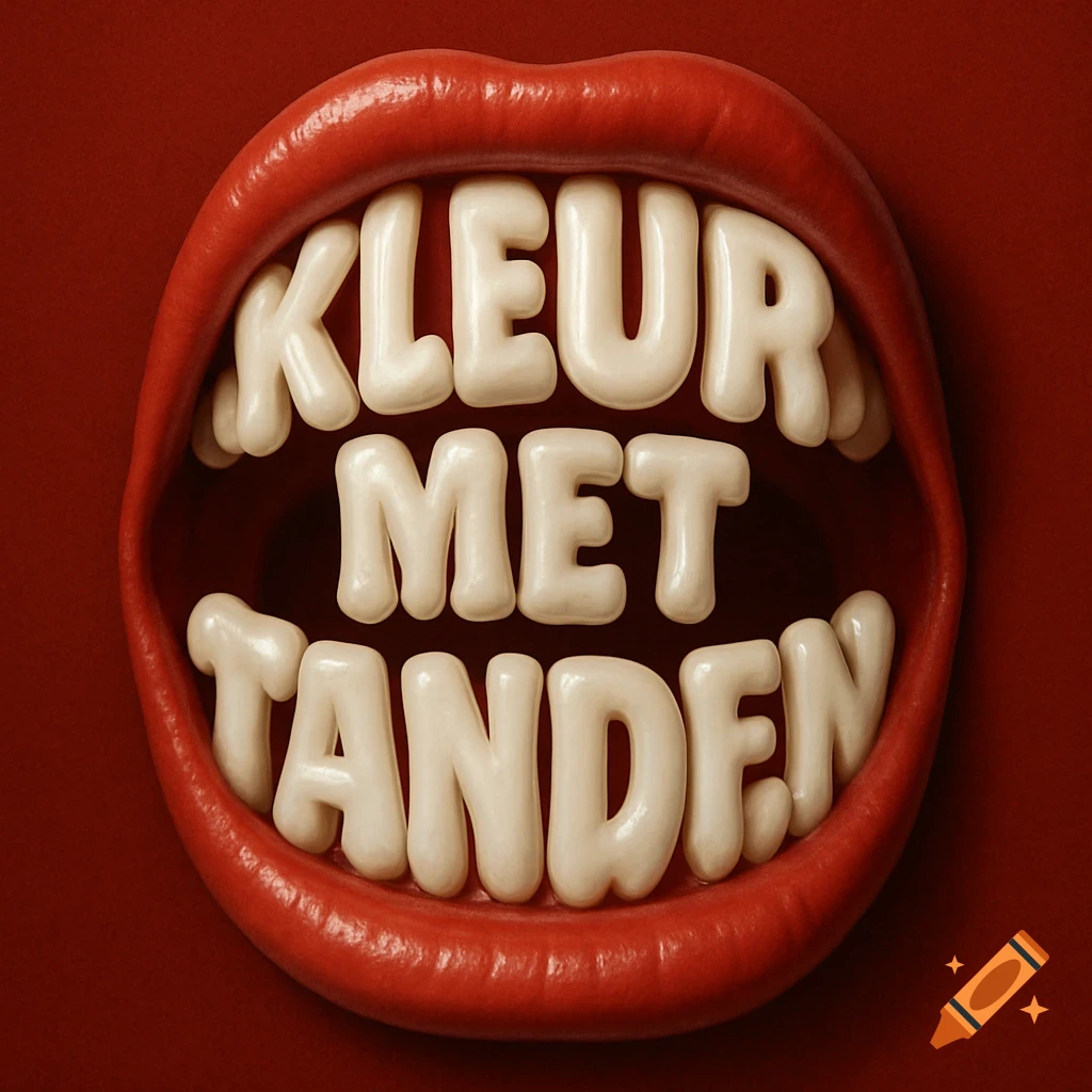 Stylized open mouth with red lips, teeth spelling 'KLEUR MET TANDEN' in puffy white letters against a dark red background.