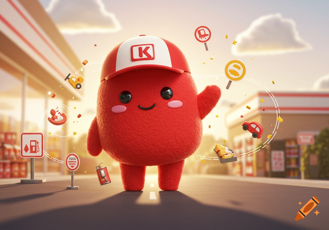 A cute, fuzzy red mascot in a K-logo cap waves on a road, with a gas station and floating icons in a 3D cartoon style.