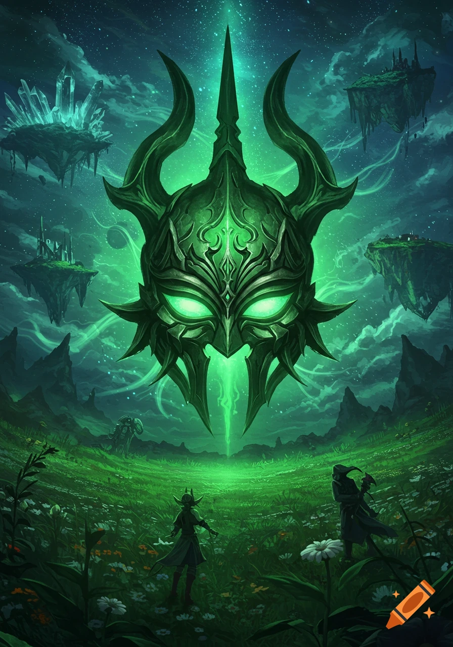 A large, glowing green horned mask hovers over a lush fantasy landscape with two small figures and floating islands under a starry sky.