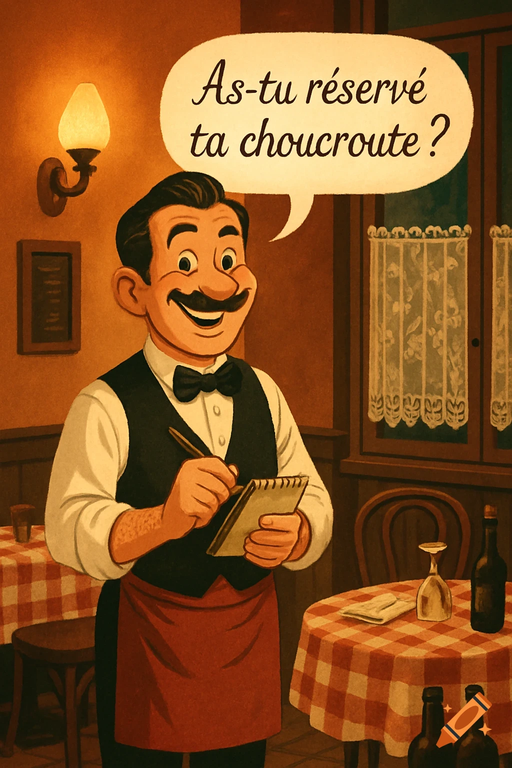 A smiling cartoon waiter in a black vest and red apron holds a notepad, asking "As-tu réservé ta choucroute?" in a warm restaurant scene.