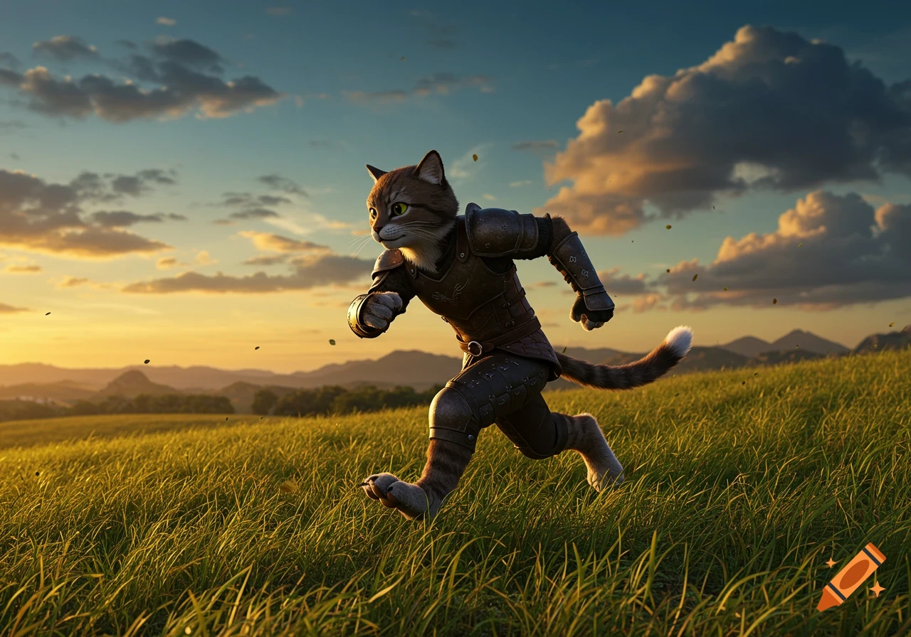 A brown and white anthropomorphic cat wearing leather armor runs determinedly through a golden grassy field at sunset.