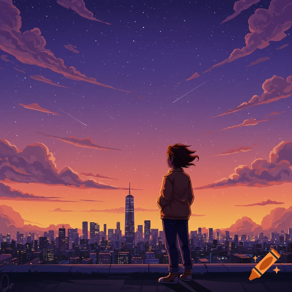 Anime illustration of a person on a rooftop overlooking a city skyline at sunset under a starry sky.