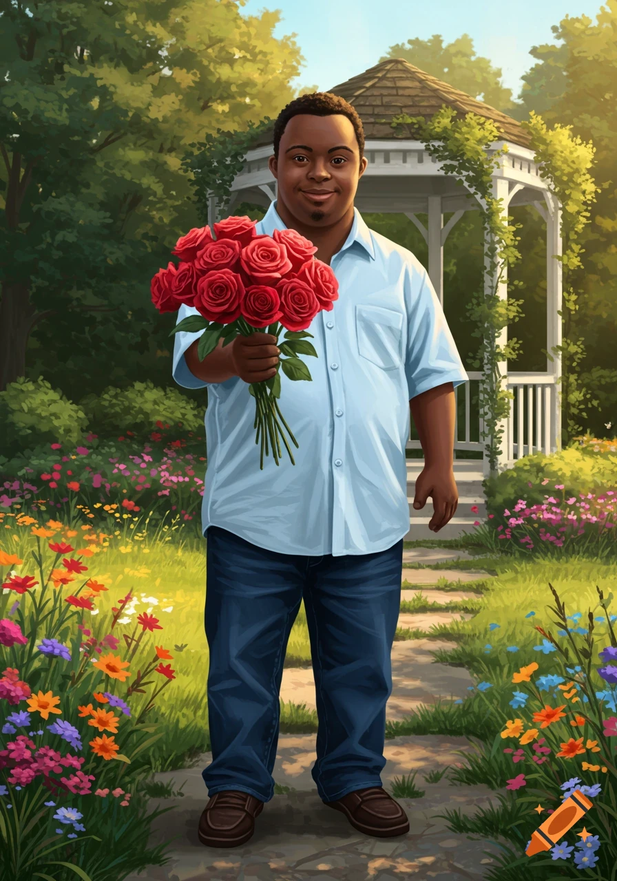 An illustrated Black man with Down Syndrome holding red roses in a beautiful garden with a gazebo.