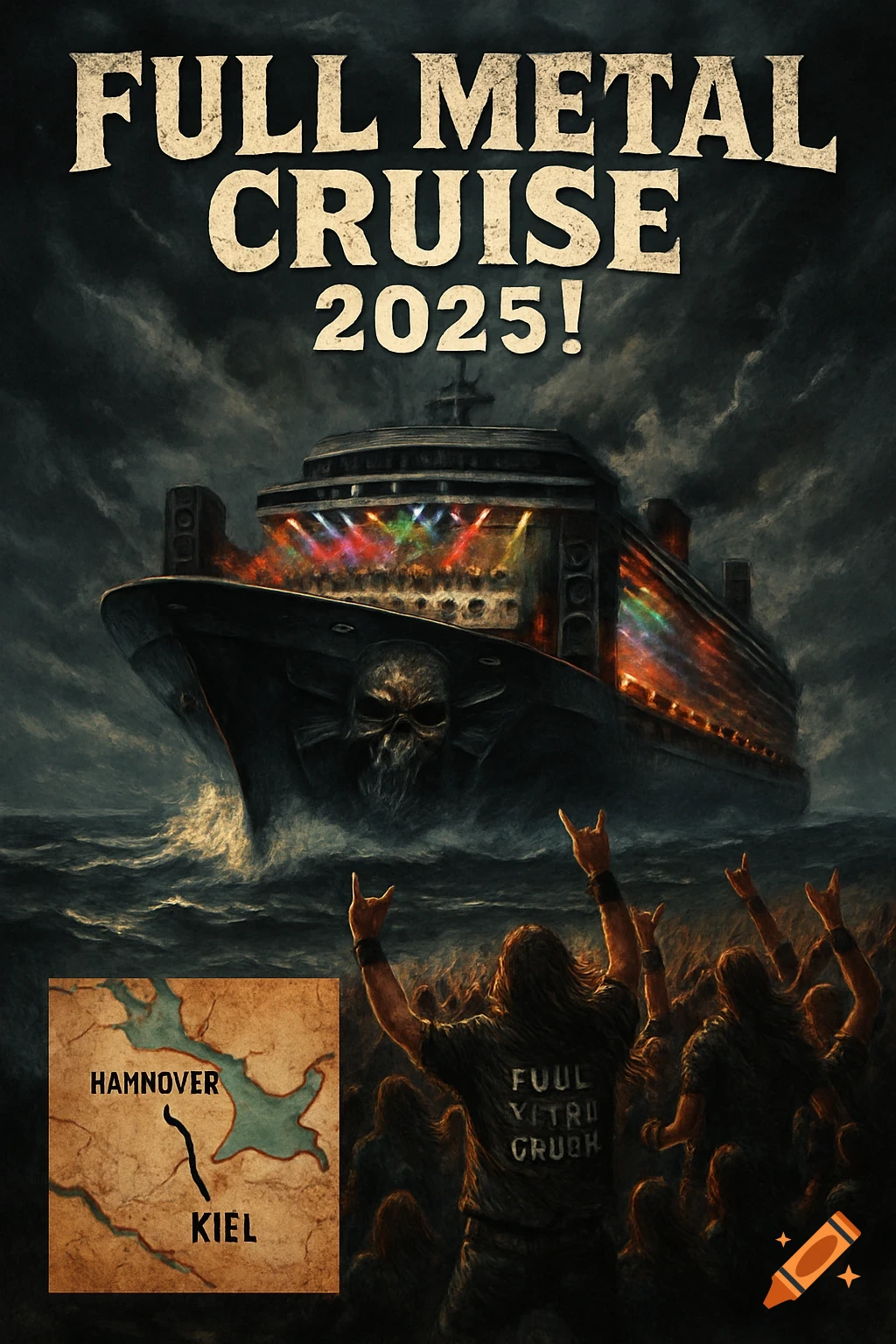 A dark, gritty poster for 'Full Metal Cruise 2025!' showing a skull-emblazoned cruise ship on stormy seas, with metal fans raising their hands in front and a map from Hamnover to Kiel.