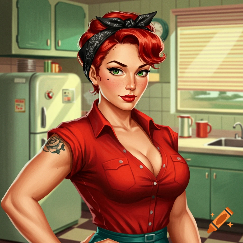 Retro pin-up woman with red hair and bandana in a red shirt, cleavage visible, in a kitchen.