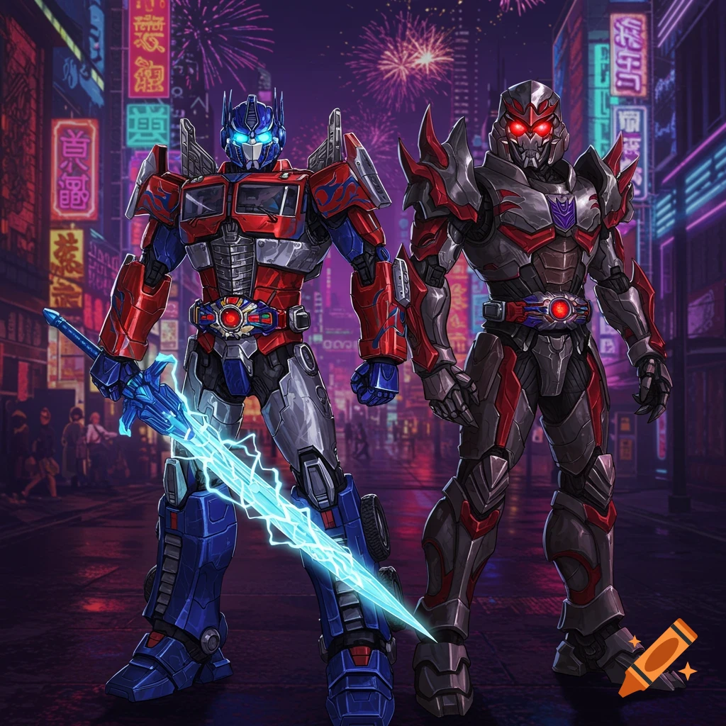 Optimus Prime and Megatron as Kamen Riders stand with glowing weapons in a neon-lit city street under fireworks.