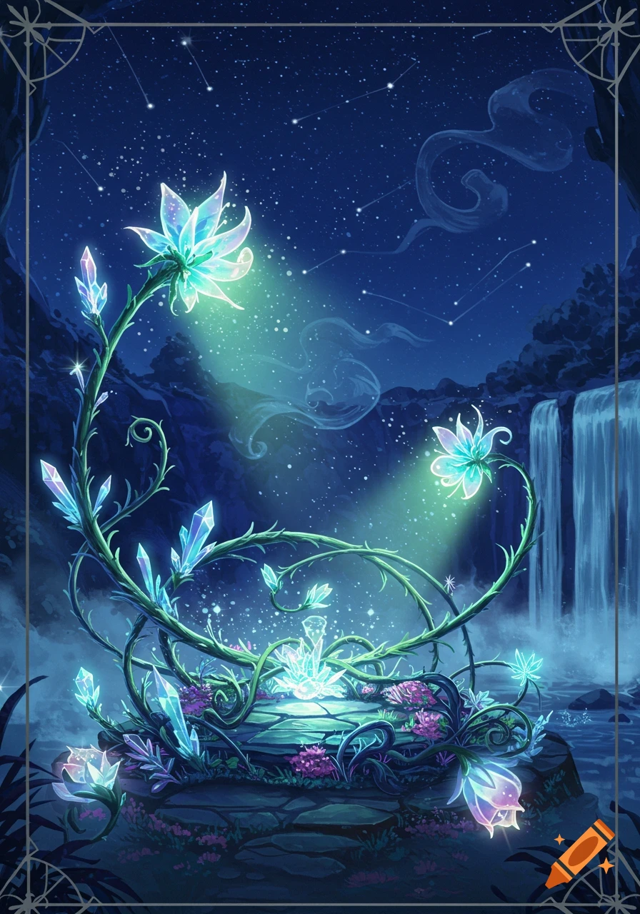 A mystical night scene featuring glowing crystal flowers and vines under a star-filled sky, with a waterfall in the distance.